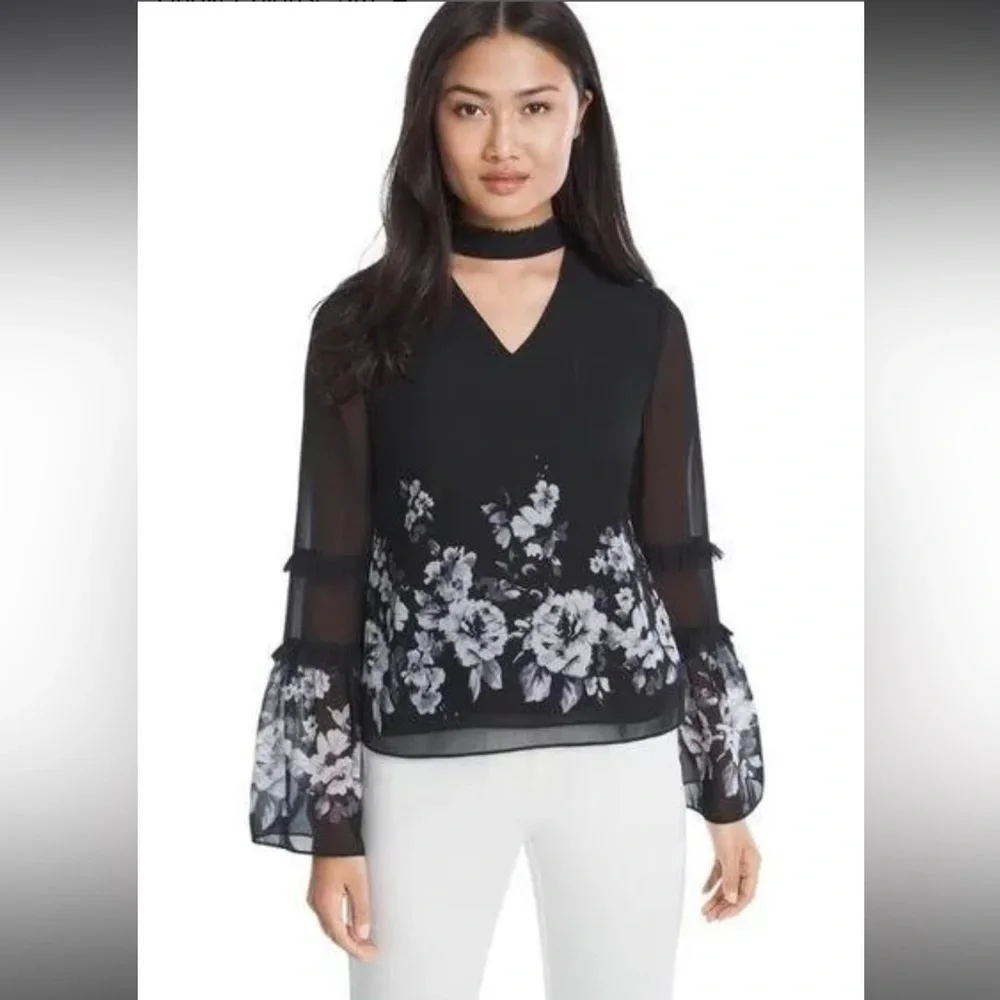 White House Black Market Blouse Size 8 Black White Floral Choker Chiffon Lined